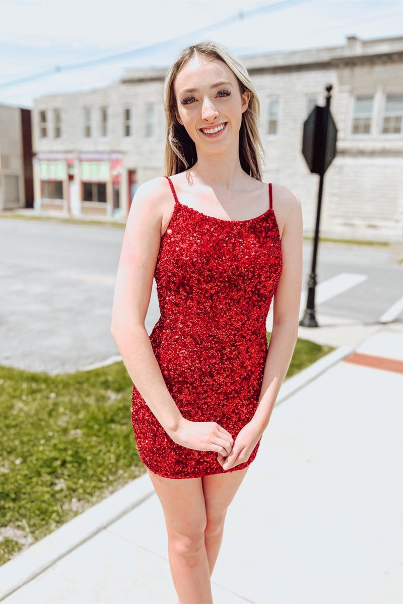 Red Sequins Cut-Out Straps Sheath Homecoming Dress – Dreamdressy