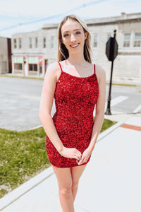 Red Sequins Cut-Out Straps Sheath Homecoming Dress
