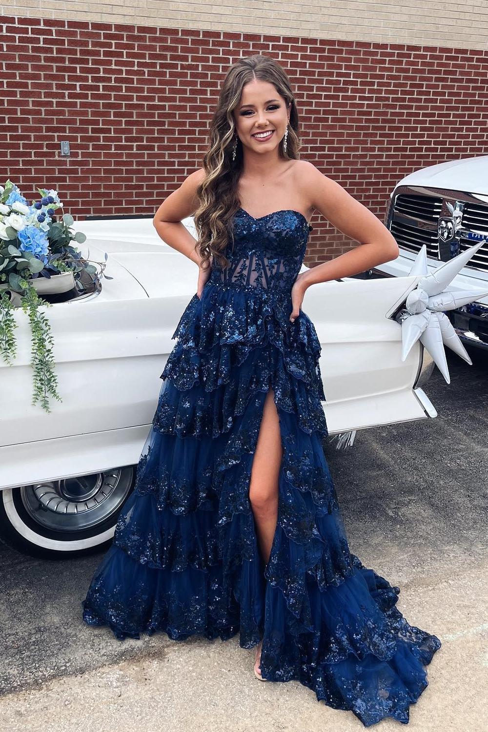 Sweetheart Navy Blue Appliques A-line Ruffle Long Prom Dress Sweetheart Navy Blue Appliques A-line Ruffle Long Prom Dress