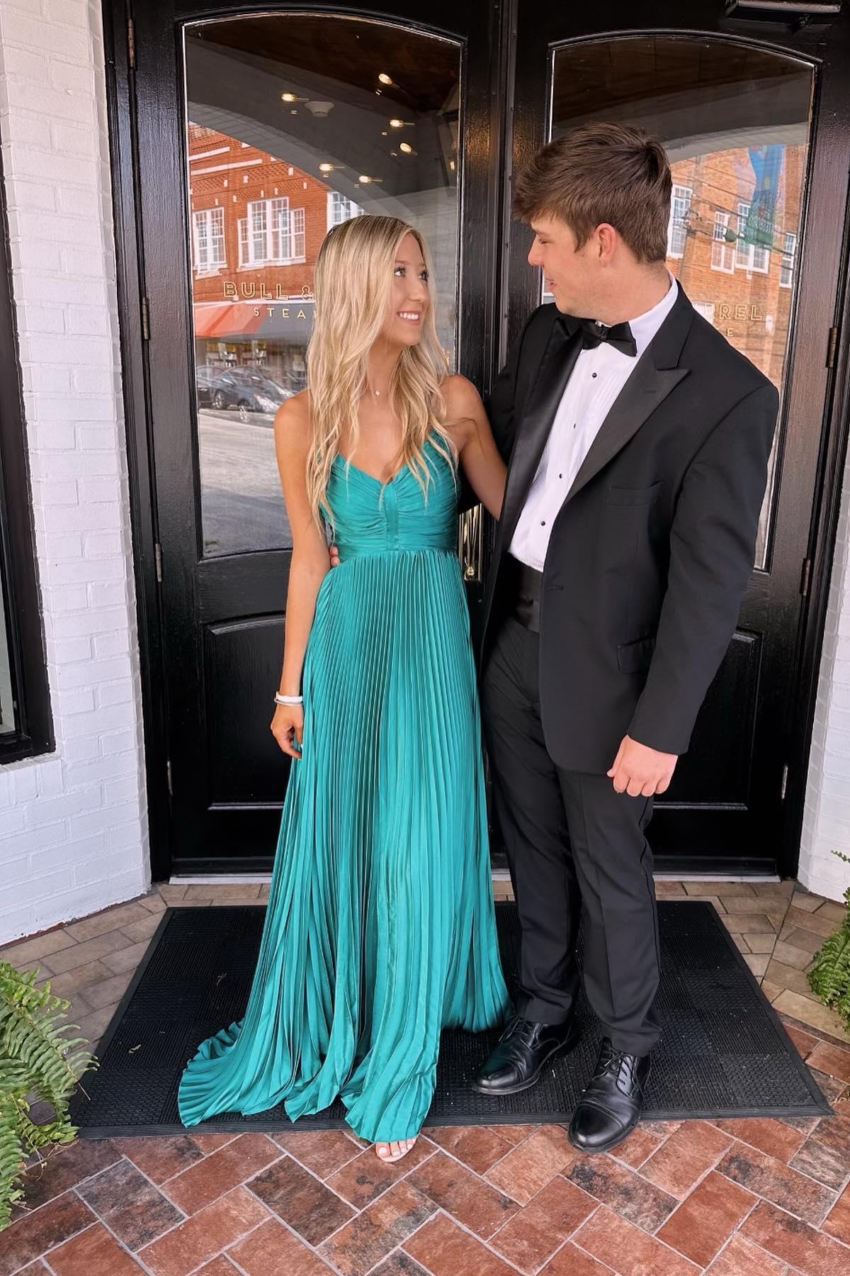 V Neck Turquoise Pleated A-line Long Party Dress – Dreamdressy