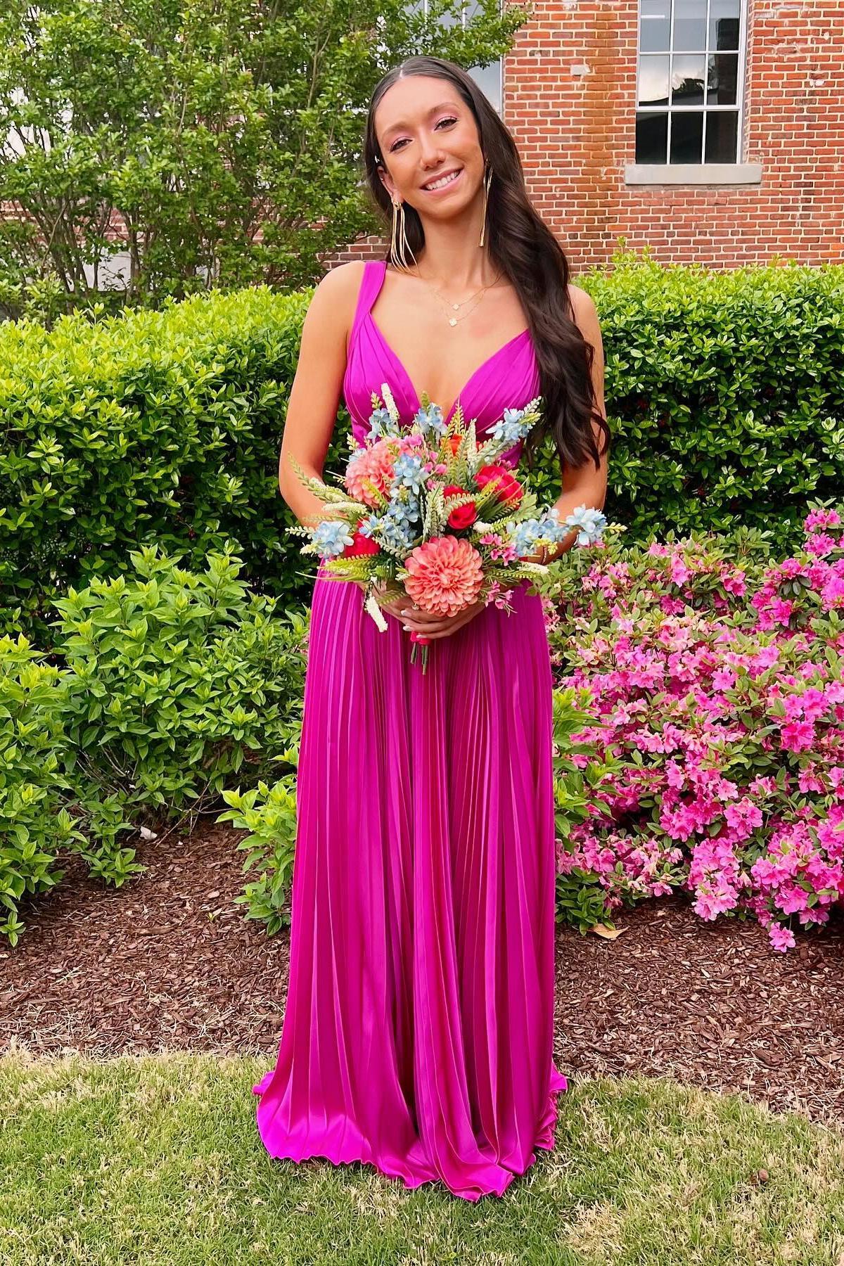 Fuchsia Pleated A-line Long Formal Dress Dreamdressy Fuchsia Pleated A-line Long Formal Dress Dreamdressy