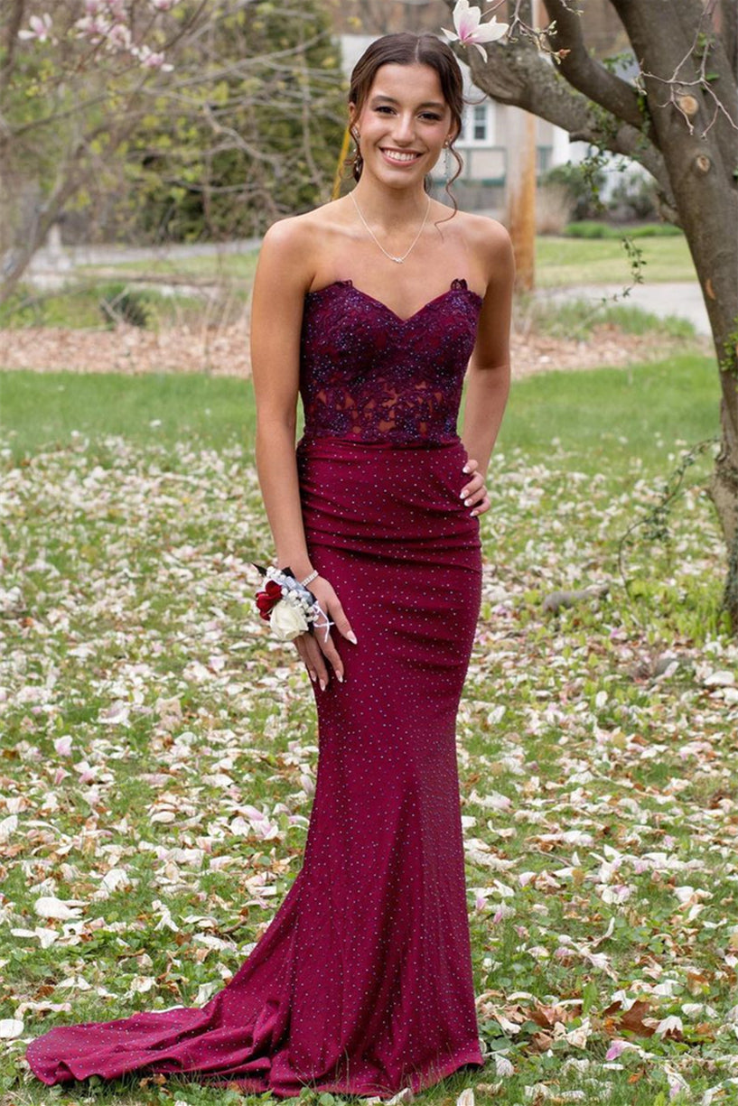 strapless burgundy mermaid dress Sparkly Burgundy Sequin Strapless Mermaid Prom Dress