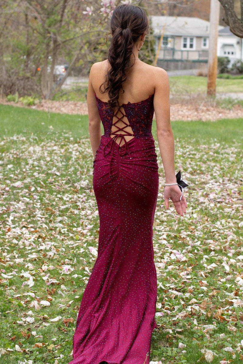 strapless burgundy prom dress Azazie 2026 Corset Lace Up Mermaid Prom Dress Burgundy Gown