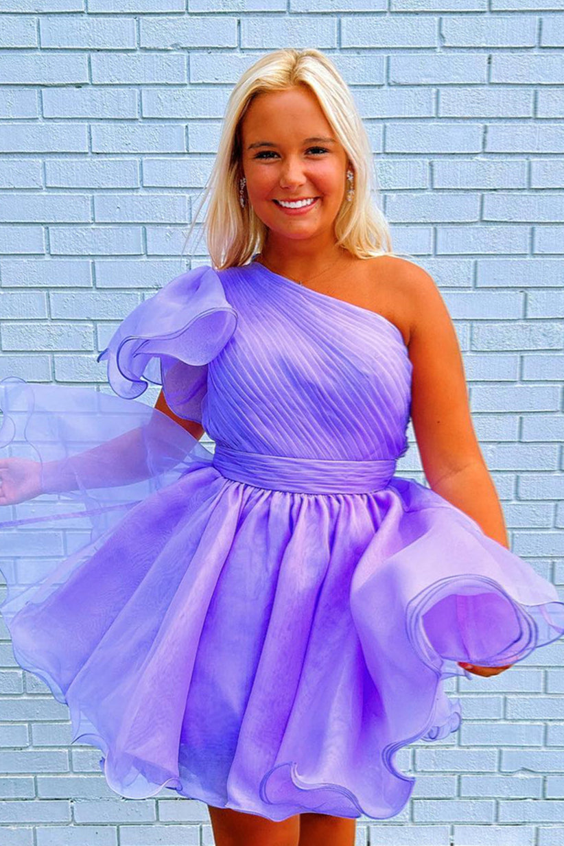 Lavender One Shoulder Ruffled A-line Tulle Homecoming Dress Dreamdressy Lavender One Shoulder Ruffled A-line Tulle Homecoming Dress Dreamdressy