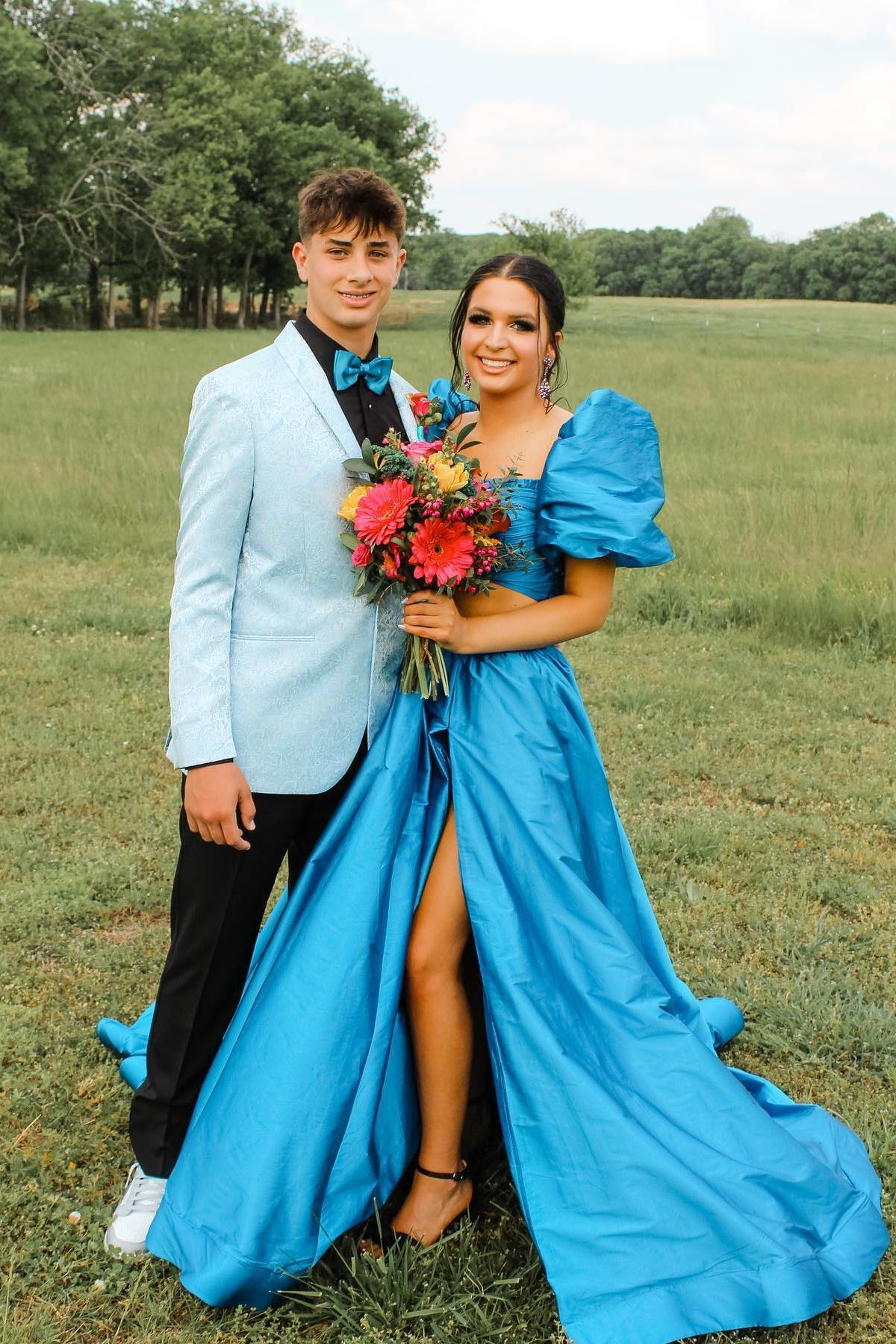 Green Puff Sleeves Bow Tie Back Two-Piece Aline Long Prom Dress with S – Dreamdressy Green Puff Sleeves Bow Tie Back Two-Piece Aline Long Prom Dress with S – Dreamdressy