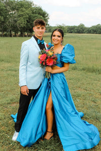 Green Puff Sleeves Bow Tie Back Two-Piece Aline Long Prom Dress with Slit