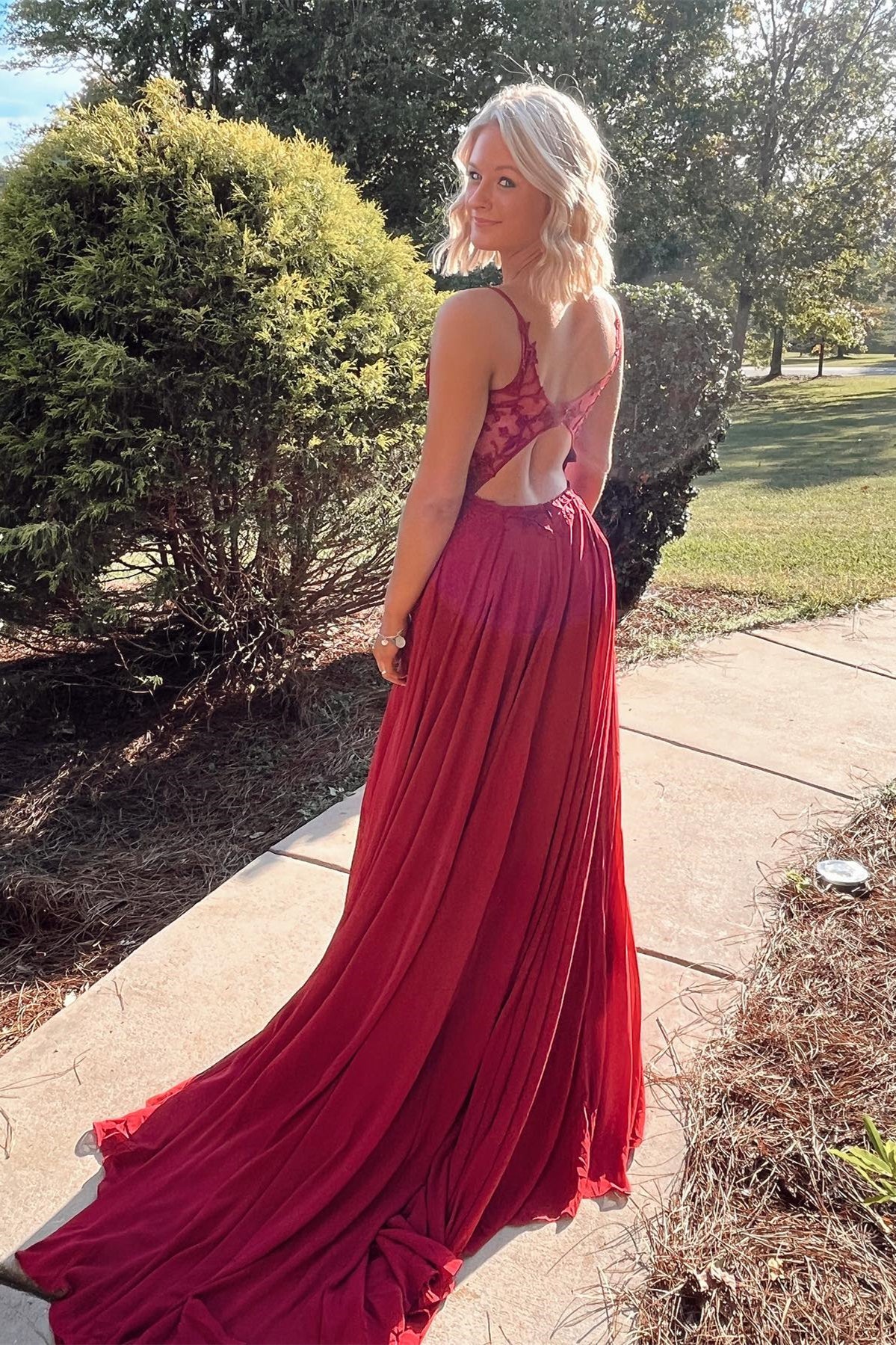 Simple Pink A-line Lace Appliques Chiffon Long Prom Dress