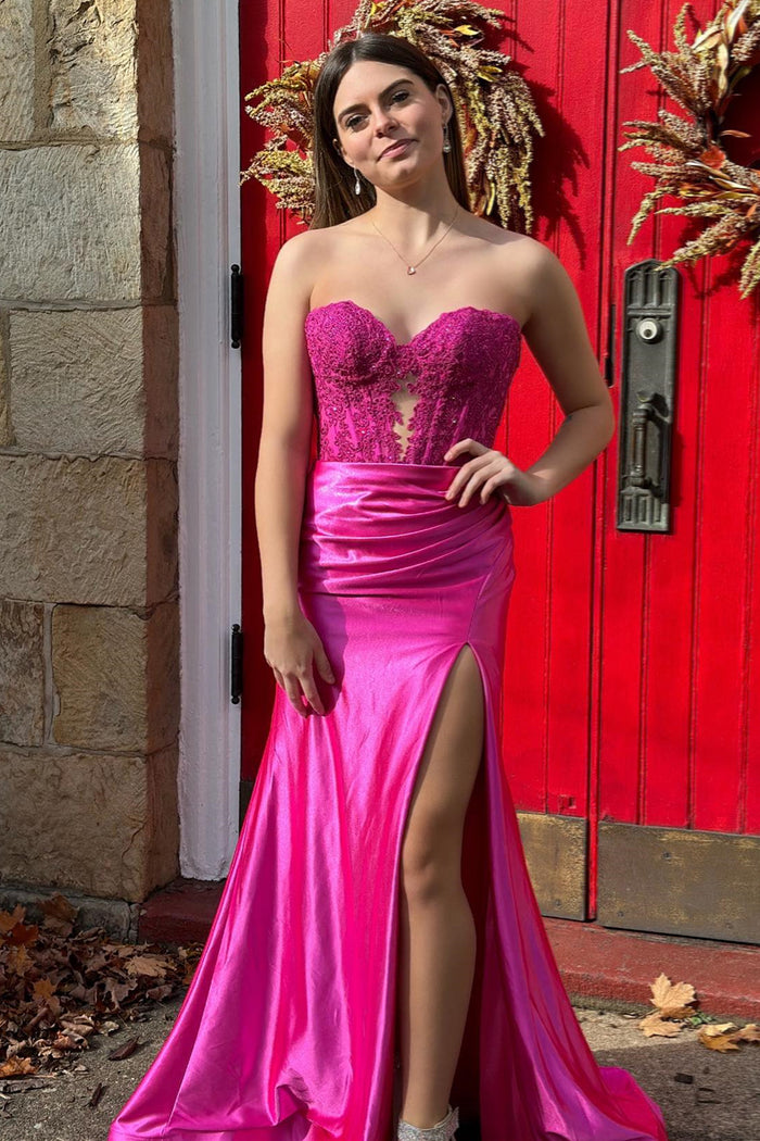 Fuchsia Strapless Floral Mermaid Satin Long Prom Dress with Slit