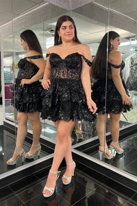 Red Off-the-Shoulder Lace Multi-Layers Appliques Sequins Homecoming Dress