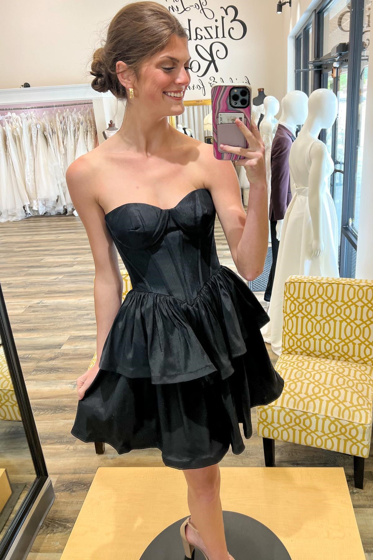 Black Strapless Satin Multi-Layers Homecoming Dress