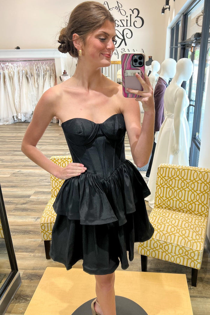 Black Strapless Satin Multi-Layers Homecoming Dress