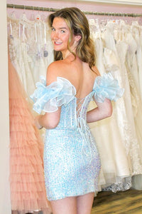 Light Blue Sequins Ruffled Off-the-Shoulder Sheath Homecoming Dress
