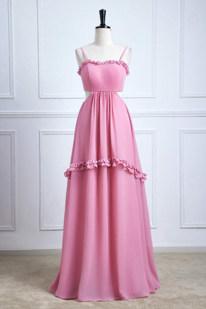 Pink Bow Tie Back Spaghetti Straps Ruffled A-line Bridesmaid Dress