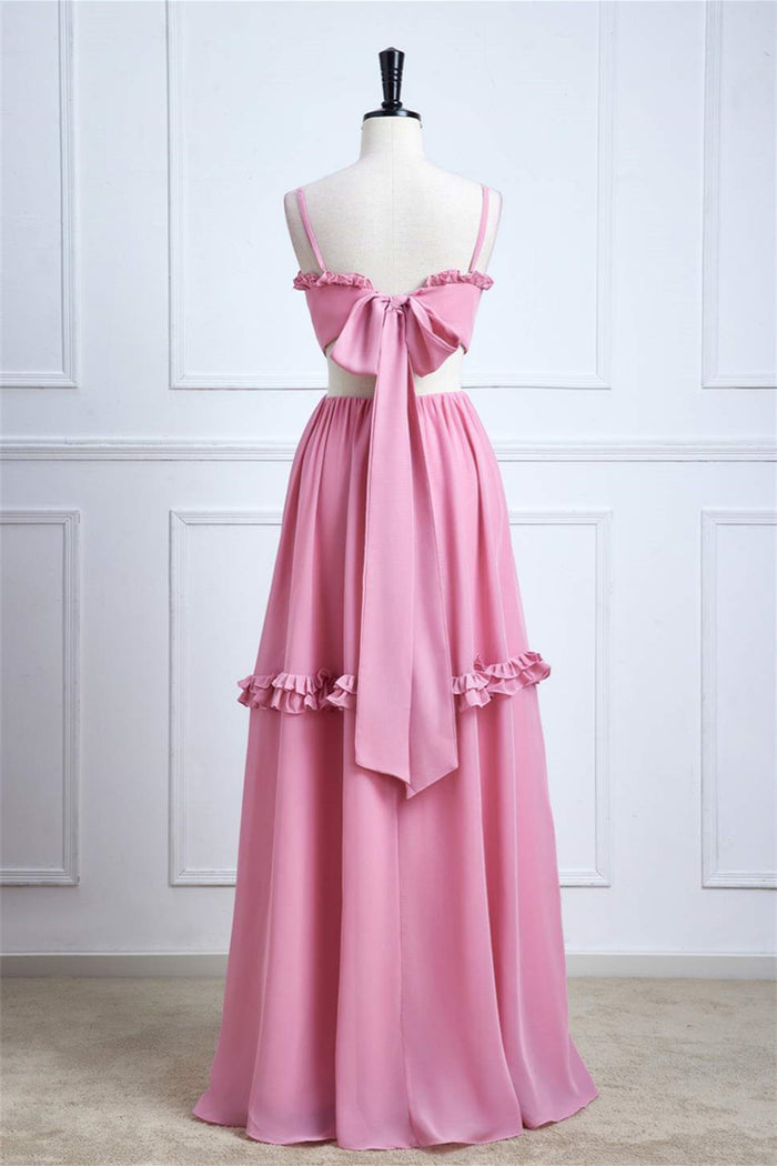 Pink Bow Tie Back Spaghetti Straps Ruffled A-line Bridesmaid Dress