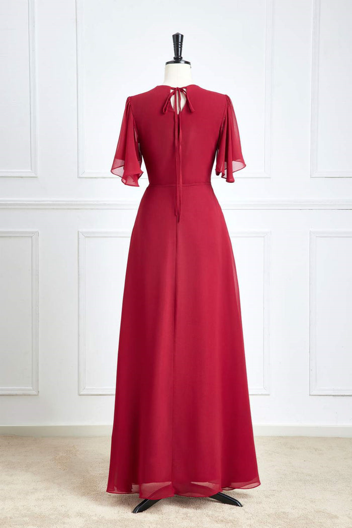Wine Red Surplice Flaunt Sleeves A-line Long Bridesmaid Dress