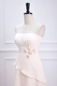 Pink Strapless 3D Flowers Layers A-line Long Bridesmaid Dress
