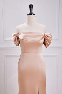 Champagne Off-Shoulder Mermaid Satin Long Bridesmaid Dress with Slit