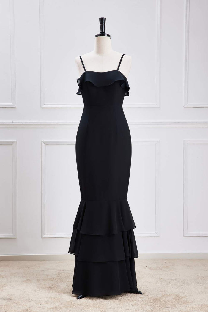 Black Ruffled Spaghetti Straps Mermaid Layers Long Bridesmaid Dress