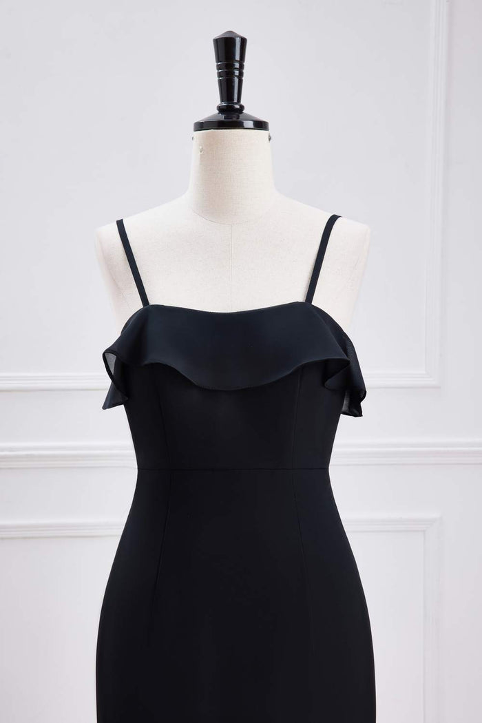 Black Ruffled Spaghetti Straps Mermaid Layers Long Bridesmaid Dress