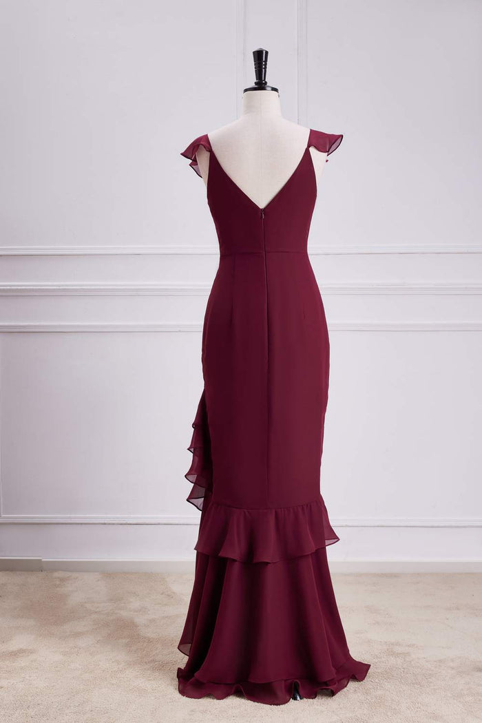 Wine Red Ruffled Neck Mermaid Layers Long Bridesmaid Dress