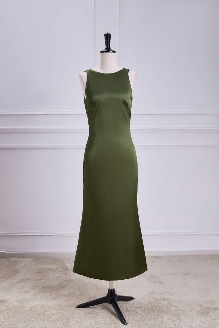 Olive Sleeveless Bow Tie Straps Mermaid Calf-Length Bridesmaid Dress