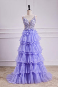 Lavender Plunging V Neck Floral Layers A-line Long Prom Dress
