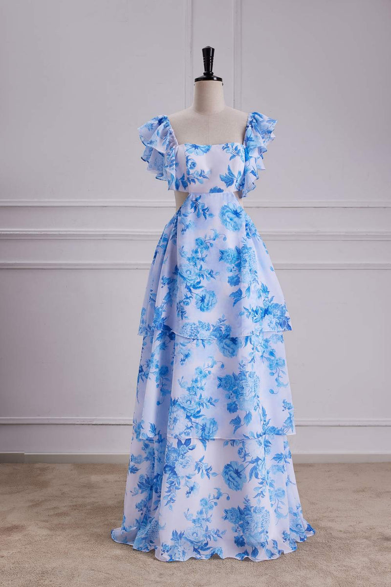 Blue Floral Bow Tie Flutter Sleeves Layers A-line Long Bridesmaid Dres – Dreamdressy