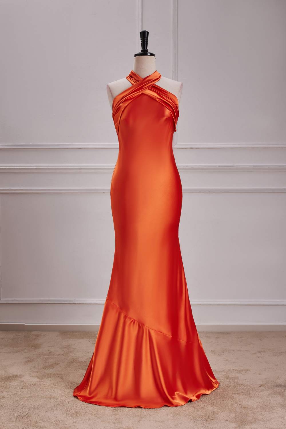 Orange Bow Tie Halter Mermaid Satin Long Bridesmaid Dress