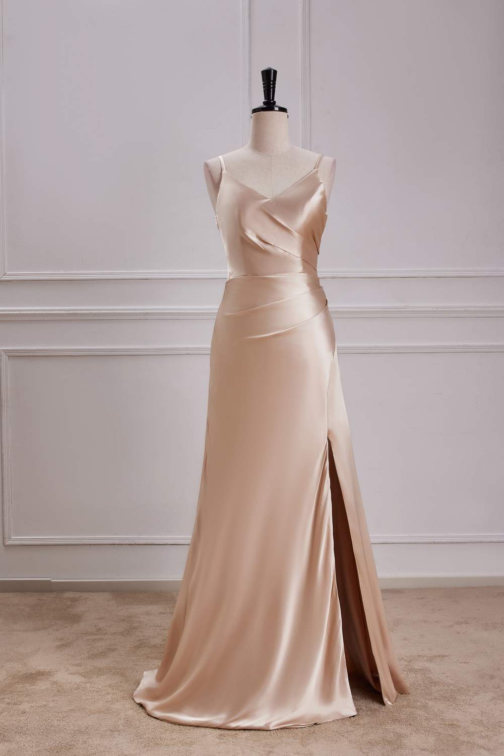 Champagne V Neck A-line Satin Silp Long Bridesmaid Dress with Slit – Dreamdressy