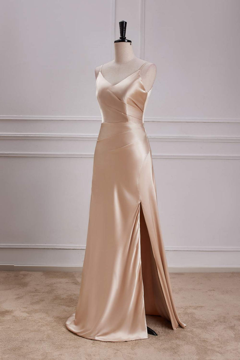 Champagne V Neck A-line Satin Silp Long Bridesmaid Dress with Slit – Dreamdressy