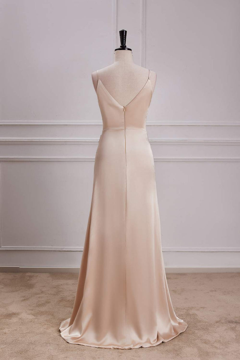 Champagne V Neck A-line Satin Silp Long Bridesmaid Dress with Slit – Dreamdressy