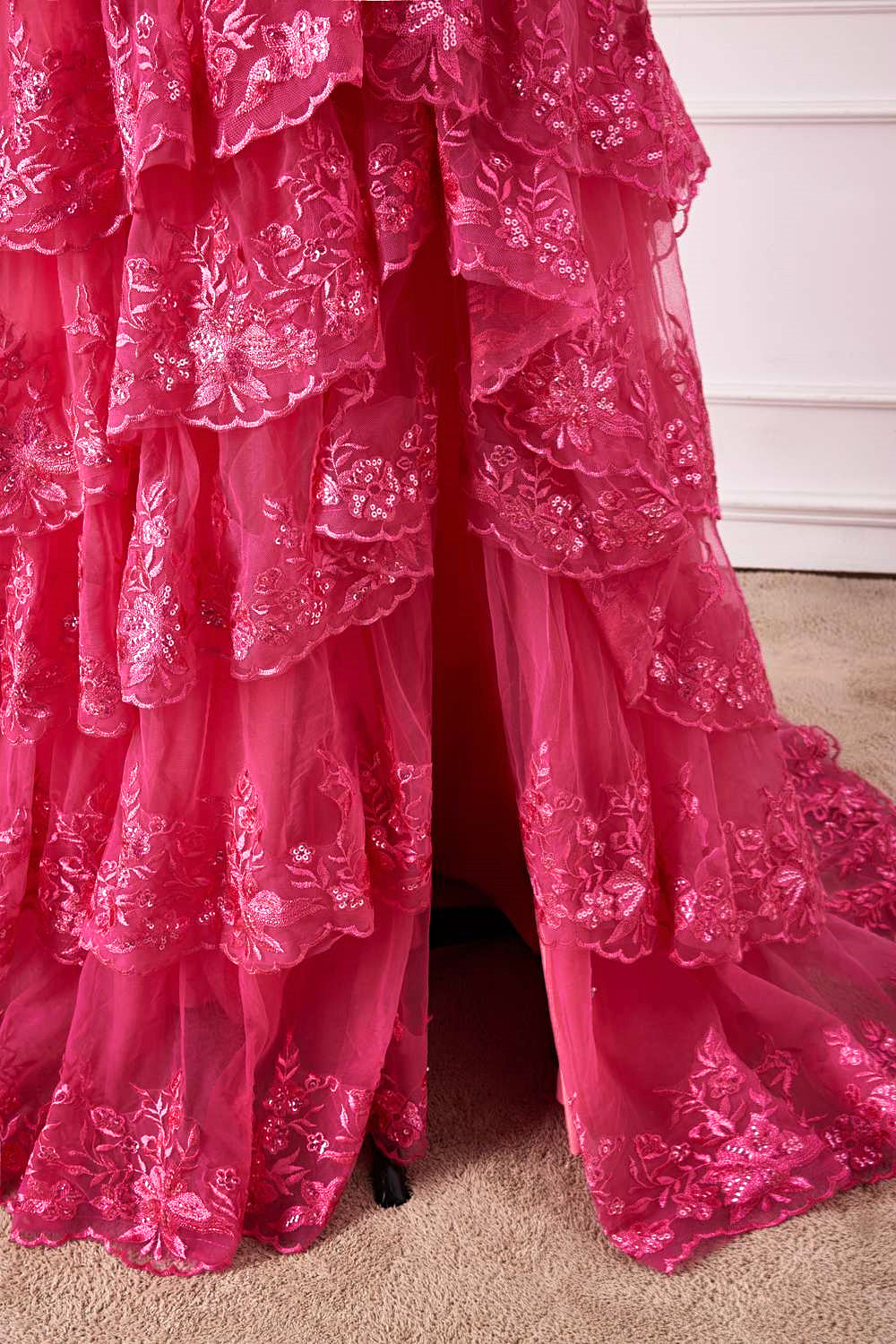 Light Blue Off-Shoulder Floral Sequined Layers Long Prom Dress with Slit