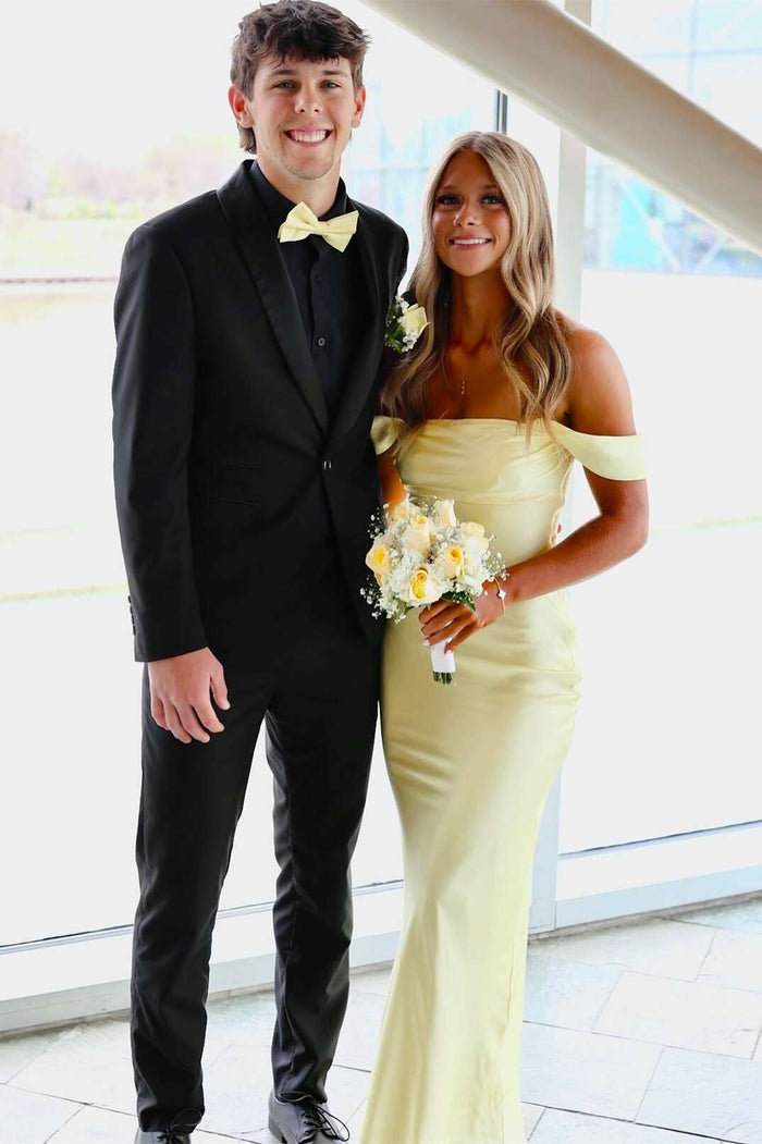 Off the Shoulder Yellow Soft Satin Fitted Party Dress