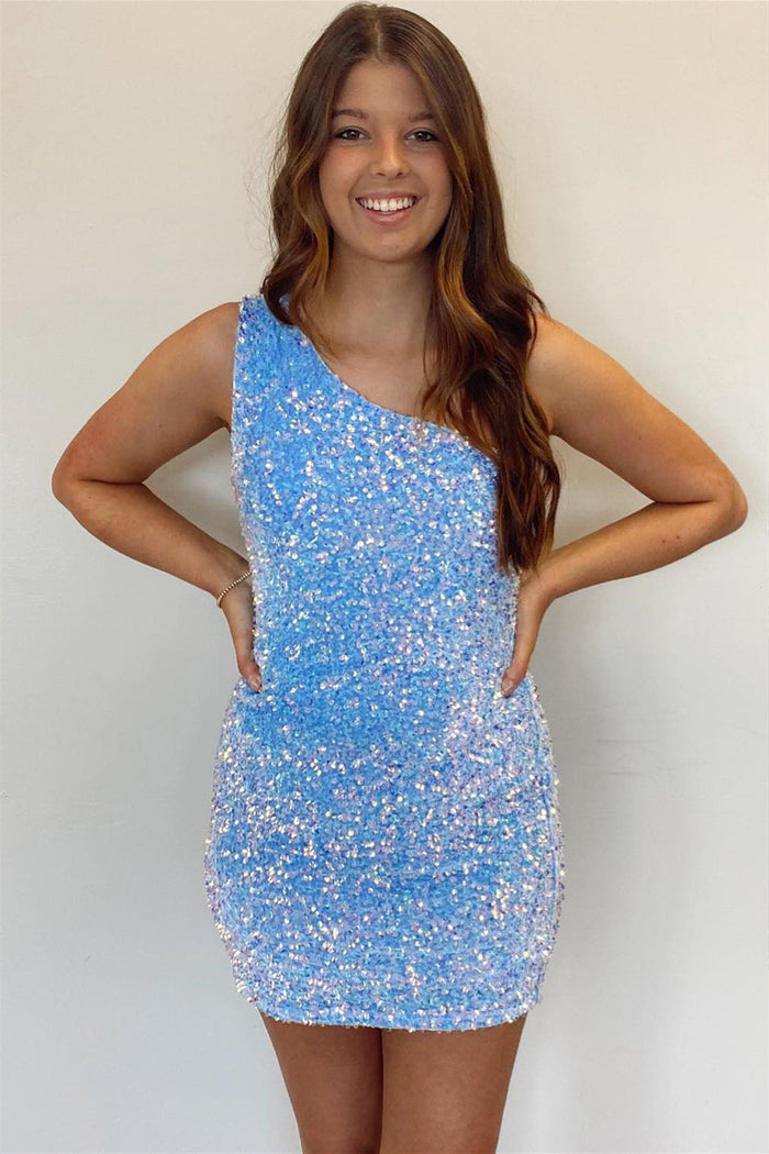 Light Blue One Shoulder Sequins Sheath Homecoming Dress