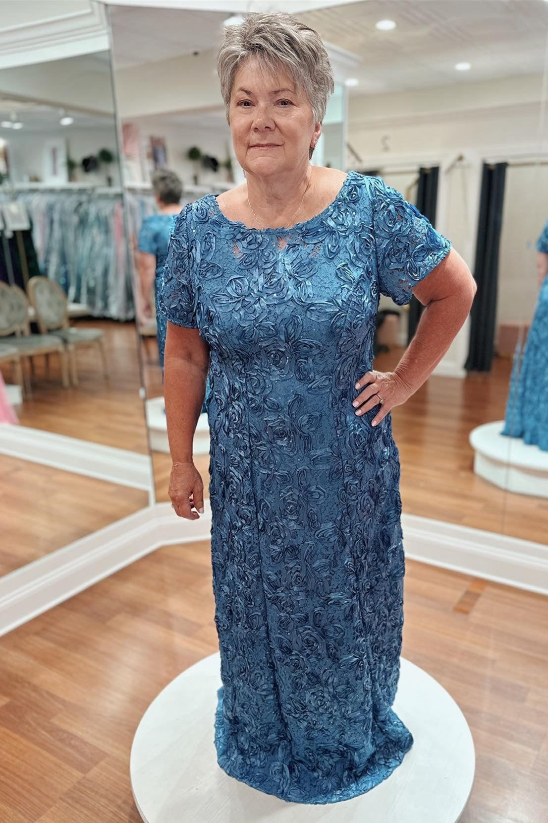 steel blue mother of the bride dresses Steel Blue Jewel Sleeves 3D Rose Appliques Long Mother of Bride Dress
