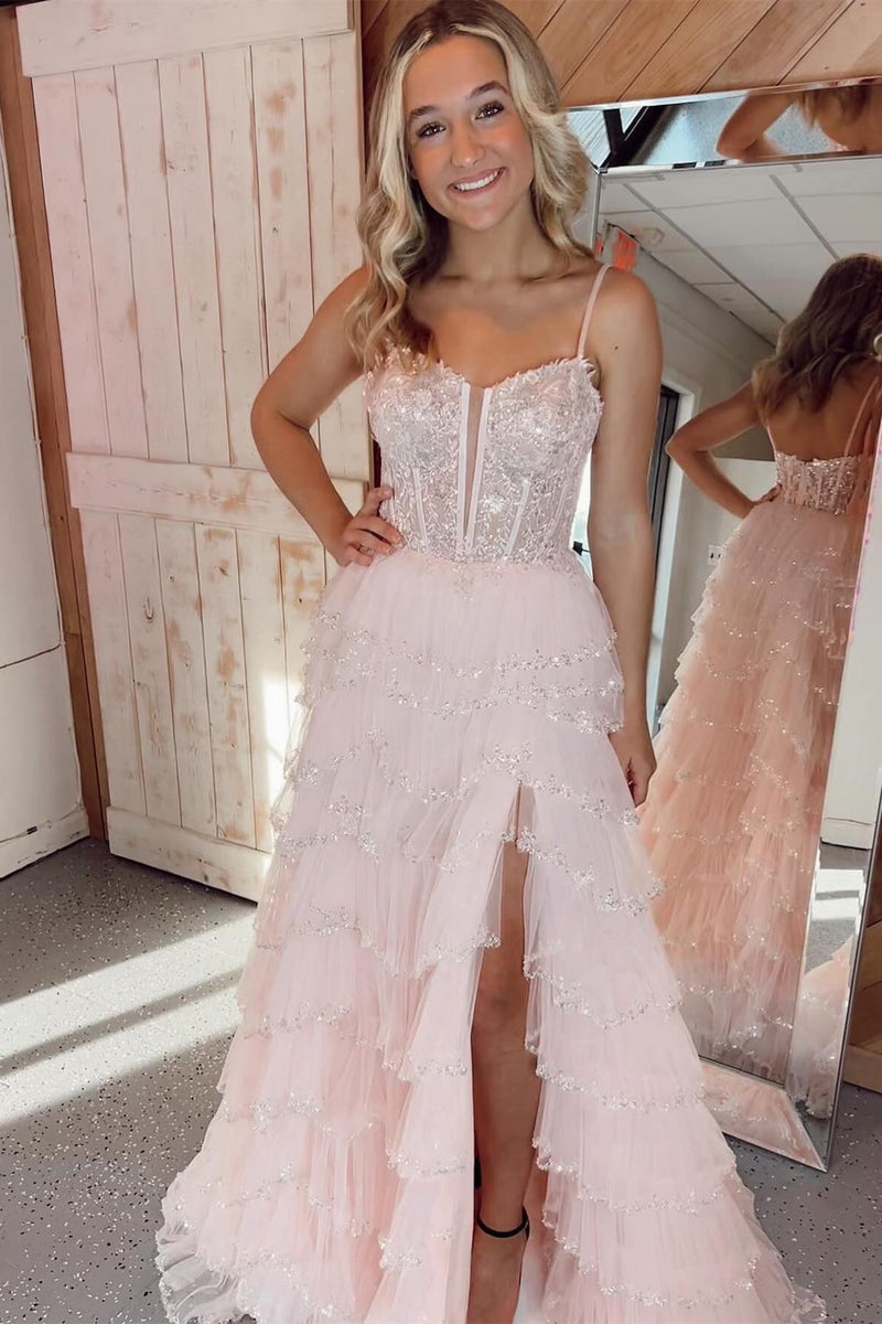 Light Pink Spaghetti Straps Sequined Layers Floral Long Prom Dress wit –  Dreamdressy