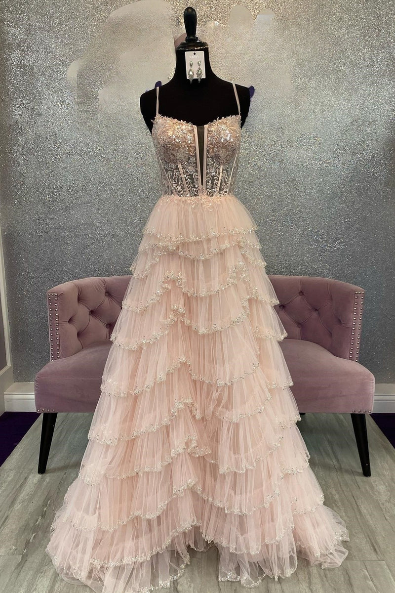 Light Pink Spaghetti Straps Sequined Layers Floral Long Prom Dress wit –  Dreamdressy