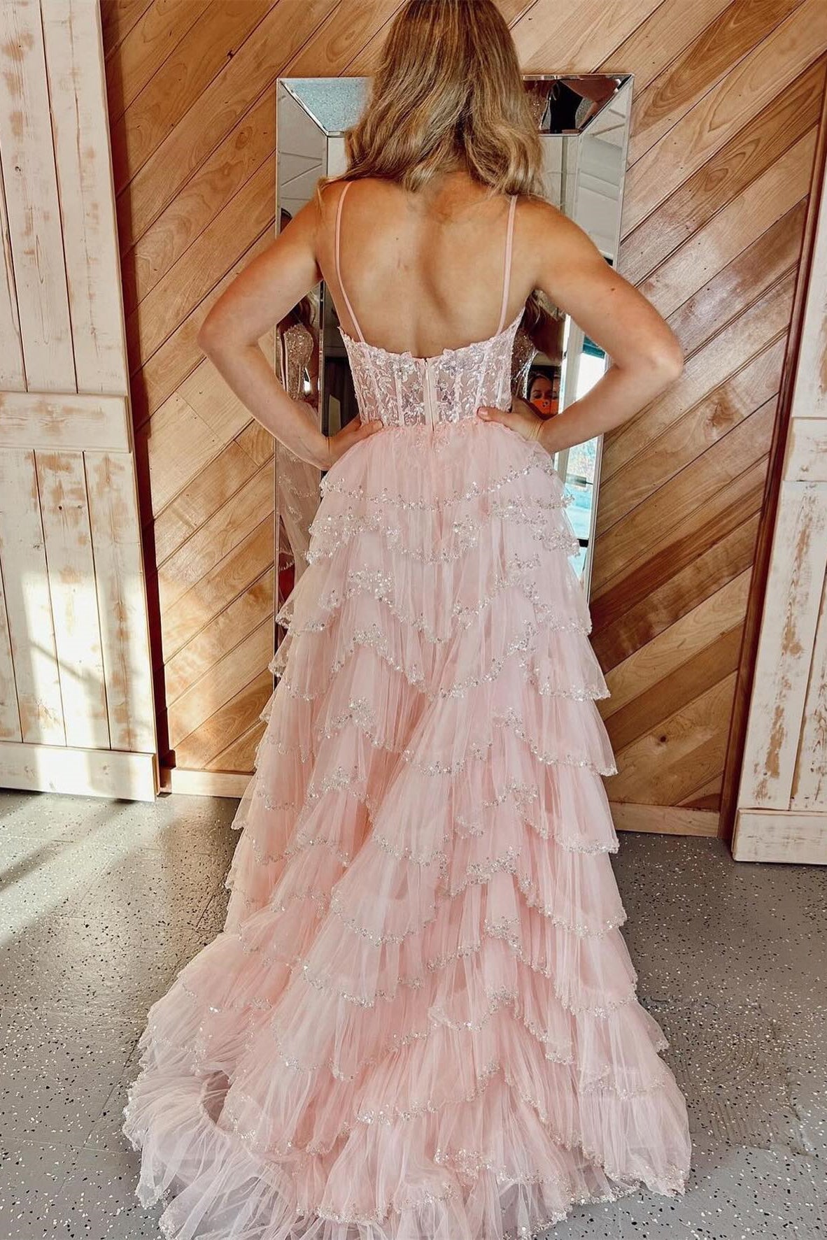 Light Pink Spaghetti Straps Sequined Layers Floral Long Prom Dress wit –  Dreamdressy