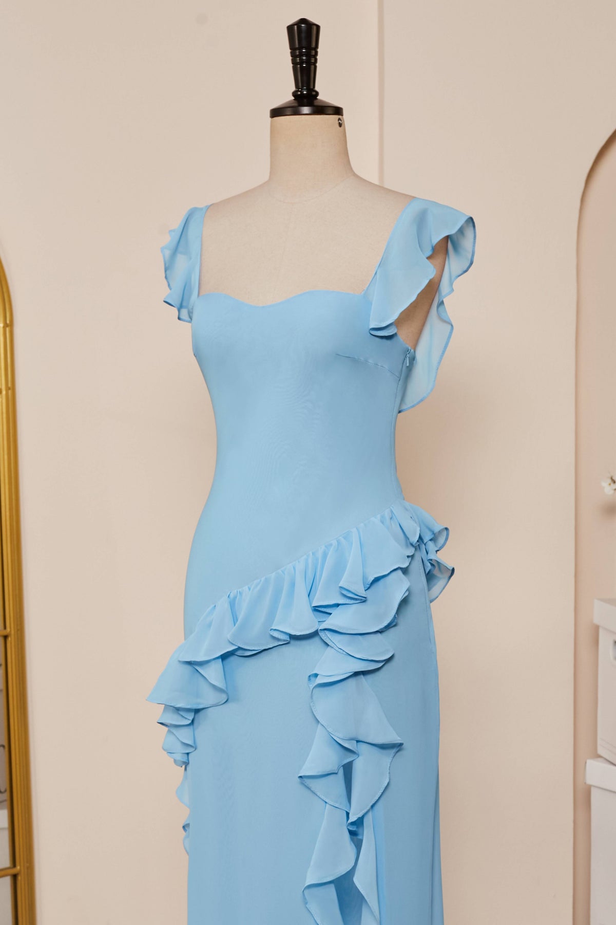 Light Blue Flaunt Sleeves Mermaid Ruffled Long Bridesmaid Dress with Slit
