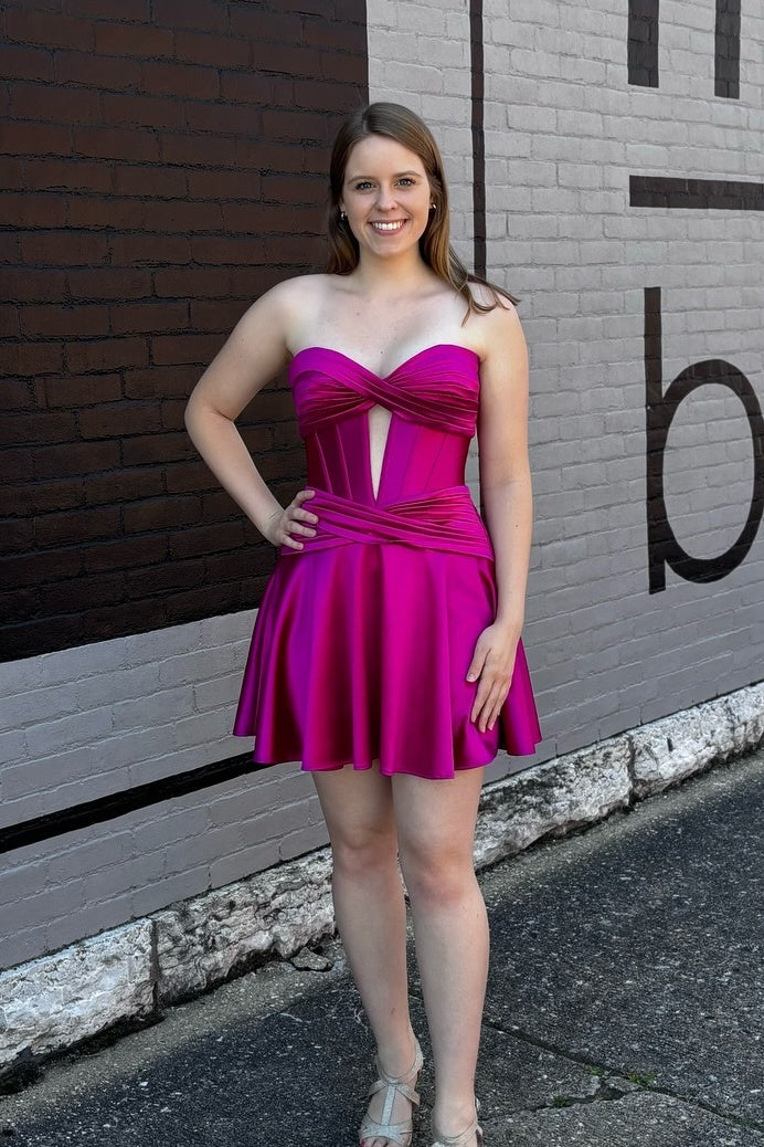 Strapless Fuchsia Satin Keyhole A-line Short Dress – Dreamdressy