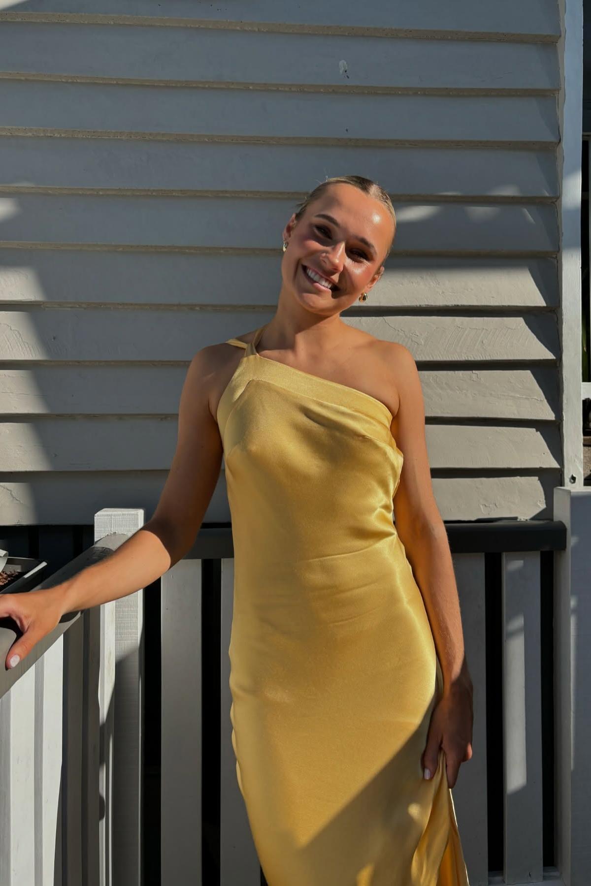 yellow satin dress one shoulder Show You Love One Shoulder Satin Maxi Dress Yellow Size XL from Hello Molly