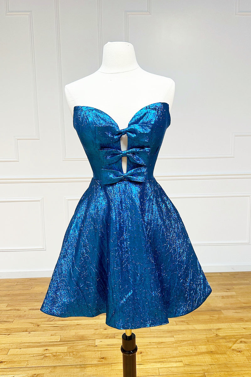 bow blue sequinned line dress A-Line/Princess V-Neck Short Sleeves Ankle-Length Pleated Birthday Girl Dresses with Sequins & Bow Self-tie