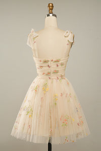 Champagne Bow Tie Embroidery Tulle A-line Homecoming Dress