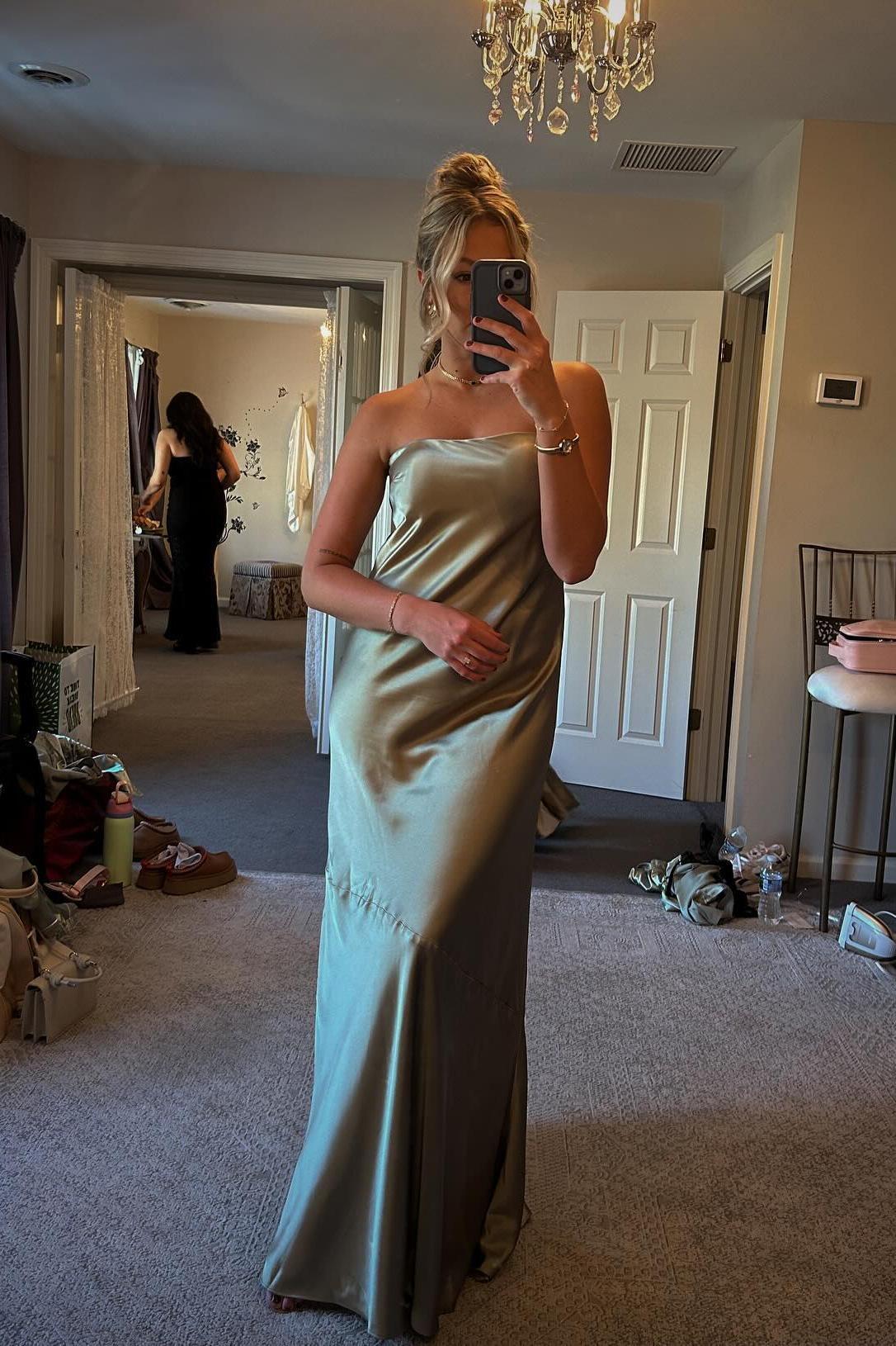 Strapless Olive Green Satin A-line Long Party Dress Strapless Olive Green Satin A-line Long Party Dress