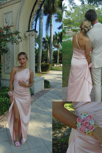 One Shoulder Pink Ruched Frill Party Dress