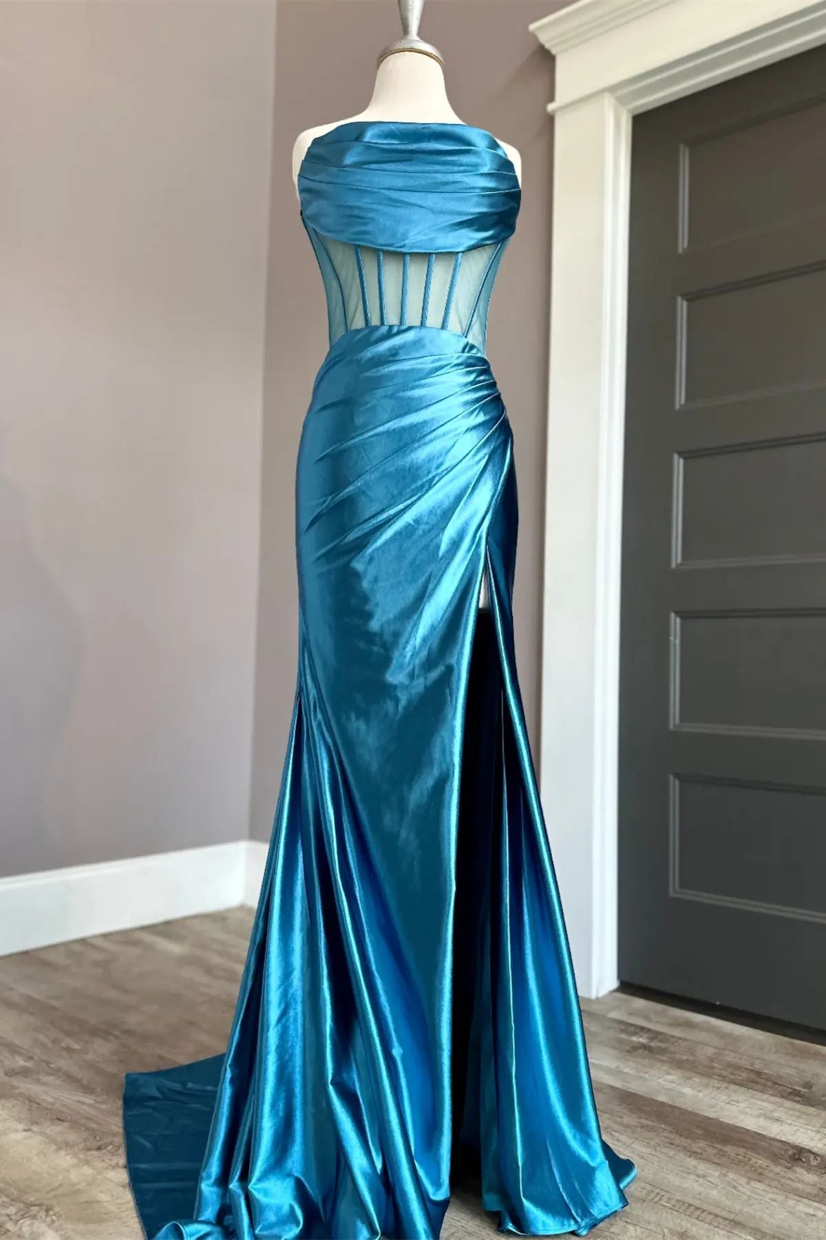 ocean blue prom dress Blue Satin Strapless Pleated Mermaid Long Prom Dress with Slit – Dreamdressy