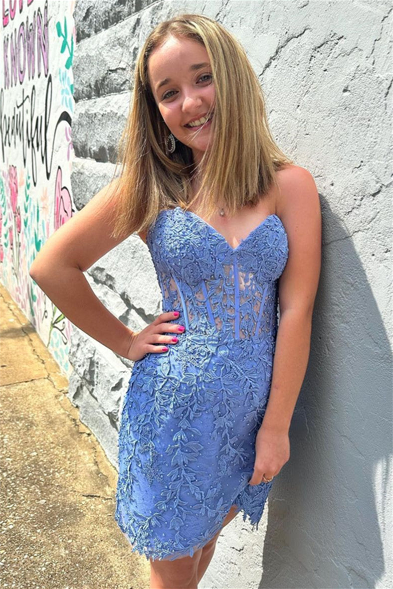 Blue Lace-Up Appliques Strapless Sheath Homecoming Dress Dreamdressy Blue Lace-Up Appliques Strapless Sheath Homecoming Dress Dreamdressy
