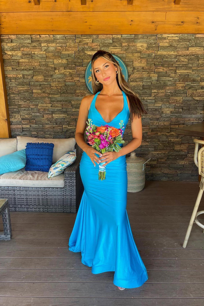 V Neck Blue Mermaid Long Formal Dress