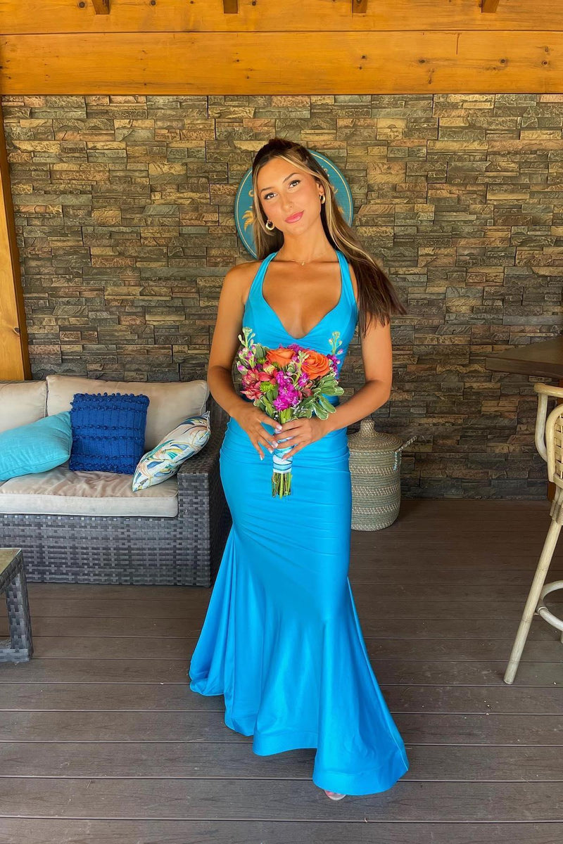 V Neck Blue Mermaid Long Formal Dress – Dreamdressy