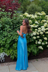 Blue V Neck Beaded Satin Long Dress